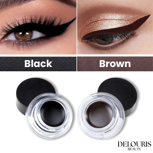 Eyeliner application on eyes with 'Black' and 'Brown' options,Delouris Beauty branding.