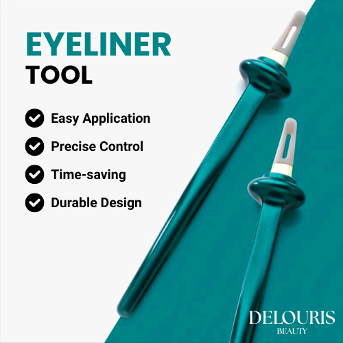 Eyeliner tool with features listed on a white background, featuring the brand 'Delouris Beauty'.