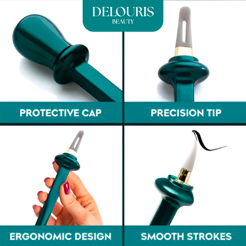 Delouris beauty tool with protective cap, precision tip, ergonomic design, and smooth strokes.
