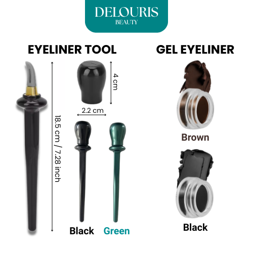 Delouris Beauty eyeliner tool and gel eyeliner set with measurements and color options.