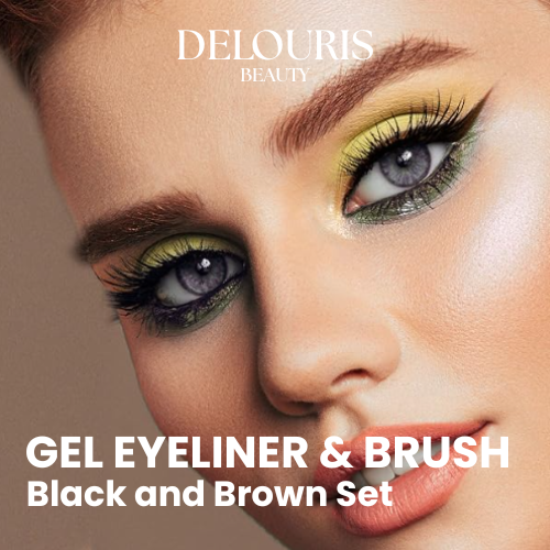 Delouris Beauty gel eyeliner and brush set with a close-up of a woman's eye.