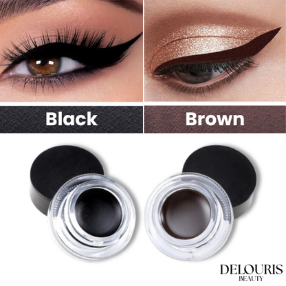 Eyeliner application on eyes with 'Black' and 'Brown' options,Delouris Beauty branding.