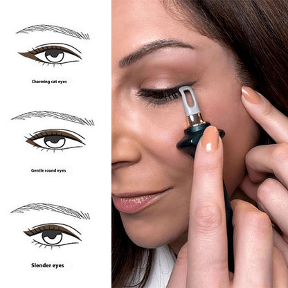 Delouris Beauty, applying eyeliner with a silicone brush, showing different eye shapes on the left.